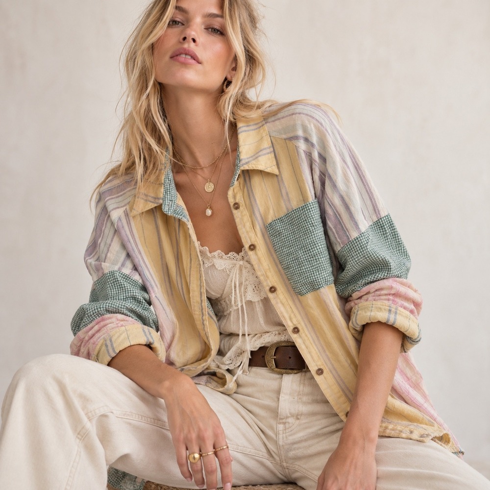 Oli & Hali Patchwork Button Down Shirt Womens Size M Yellow Striped Boho JT0196